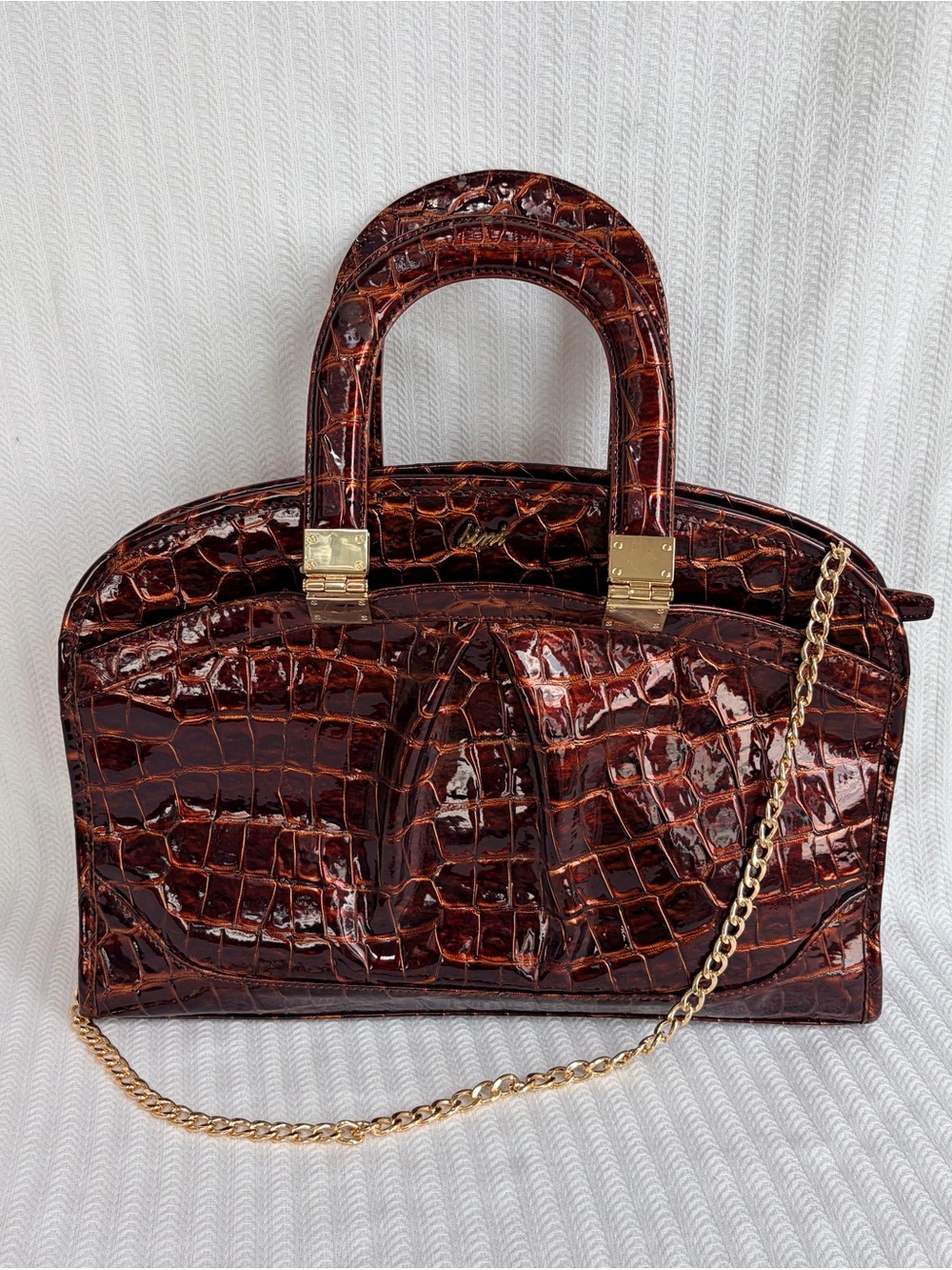 Gianni Bini Croc Embossed Faux Patent Leather Bronze Burgundy Satchel NWOT